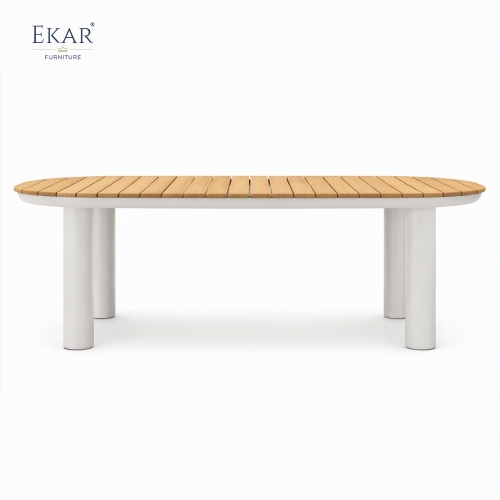 Tessera Oval Teak Slat Outdoor Dining Table | Modern Patio Table with White Powder-Coated Aluminium Frame