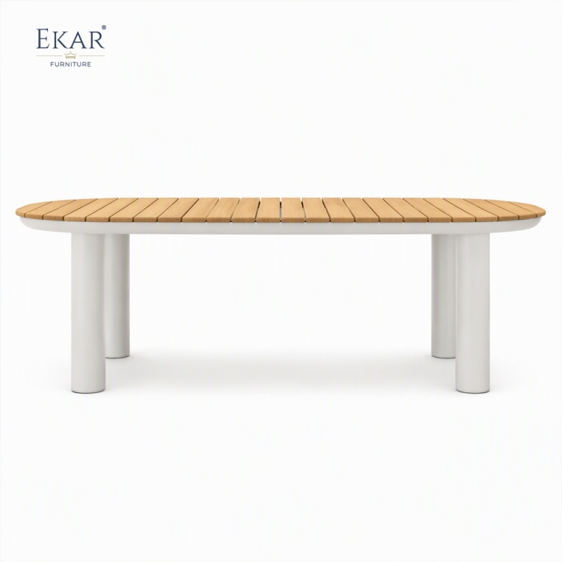 Tessera Oval Teak Slat Outdoor Dining Table | Modern Patio Table with White Powder-Coated Aluminium Frame