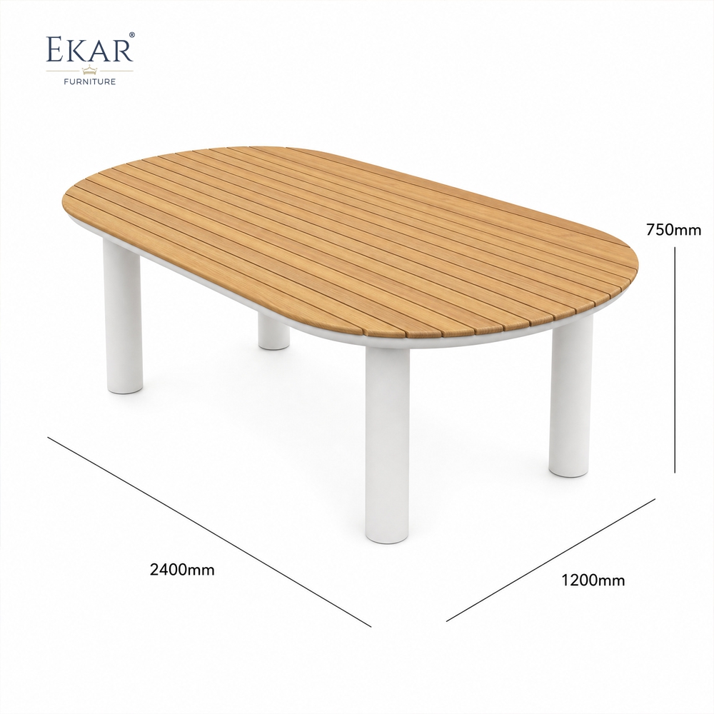 Tessera Oval Teak Slat Outdoor Dining Table | Modern Patio Table with White Powder-Coated Aluminium Frame
