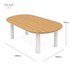 Tessera Oval Teak Slat Outdoor Dining Table | Modern Patio Table with White Powder-Coated Aluminium Frame