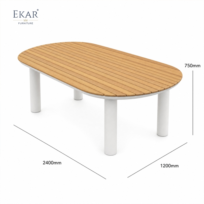 Tessera Oval Teak Slat Outdoor Dining Table | Modern Patio Table with White Powder-Coated Aluminium Frame