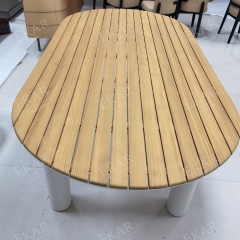 Tessera Oval Teak Slat Outdoor Dining Table | Modern Patio Table with White Powder-Coated Aluminium Frame