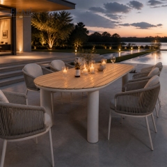 Tessera Oval Teak Slat Outdoor Dining Table | Modern Patio Table with White Powder-Coated Aluminium Frame
