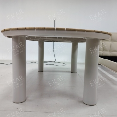 Tessera Oval Teak Slat Outdoor Dining Table | Modern Patio Table with White Powder-Coated Aluminium Frame