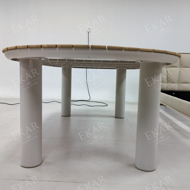 Tessera Oval Teak Slat Outdoor Dining Table | Modern Patio Table with White Powder-Coated Aluminium Frame