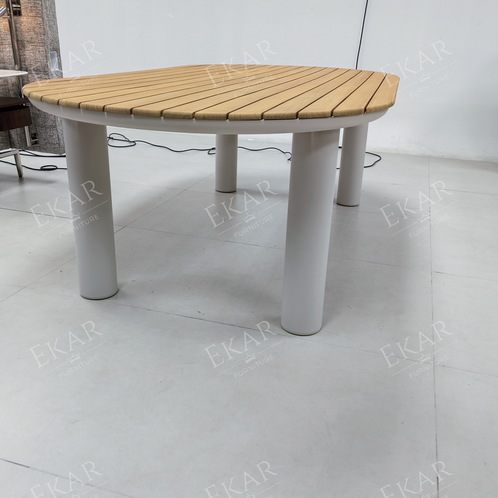 Tessera Oval Teak Slat Outdoor Dining Table | Modern Patio Table with White Powder-Coated Aluminium Frame