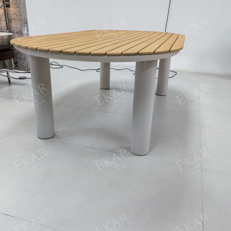 Tessera Oval Teak Slat Outdoor Dining Table | Modern Patio Table with White Powder-Coated Aluminium Frame