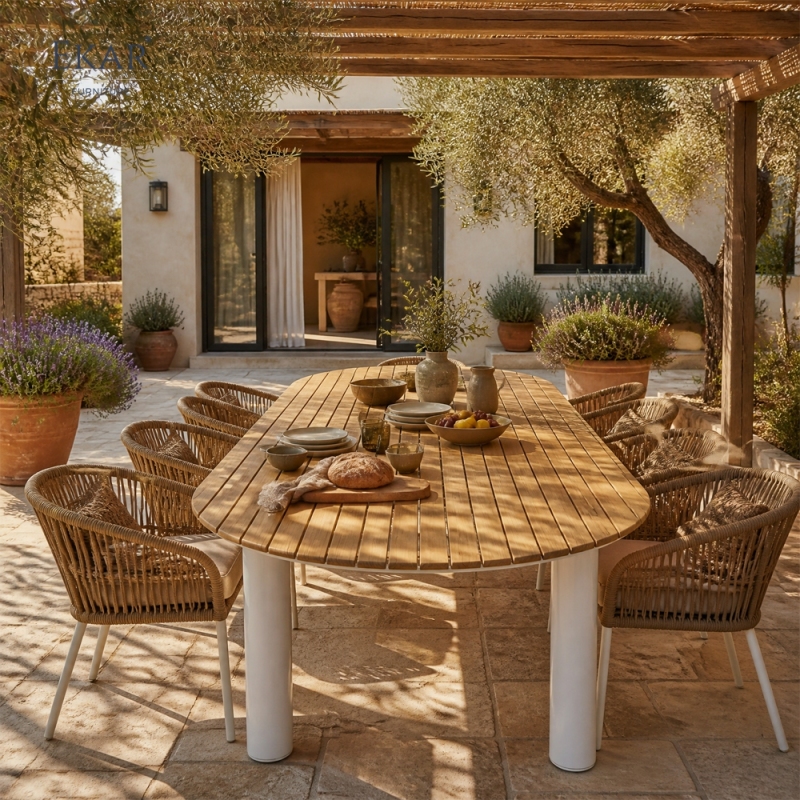 Tessera Oval Teak Slat Outdoor Dining Table | Modern Patio Table with White Powder-Coated Aluminium Frame