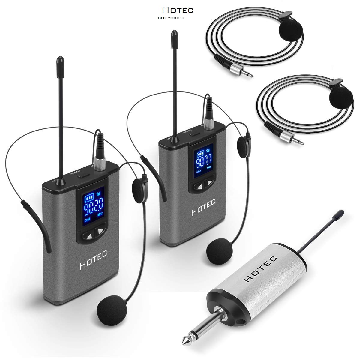 Hotec Wireless System with Dual Headset Microphones/Lavalier Lapel Mics and  Bodypack Transmitters and One Mini Rechargeable Receiver 1/4 Output, For
