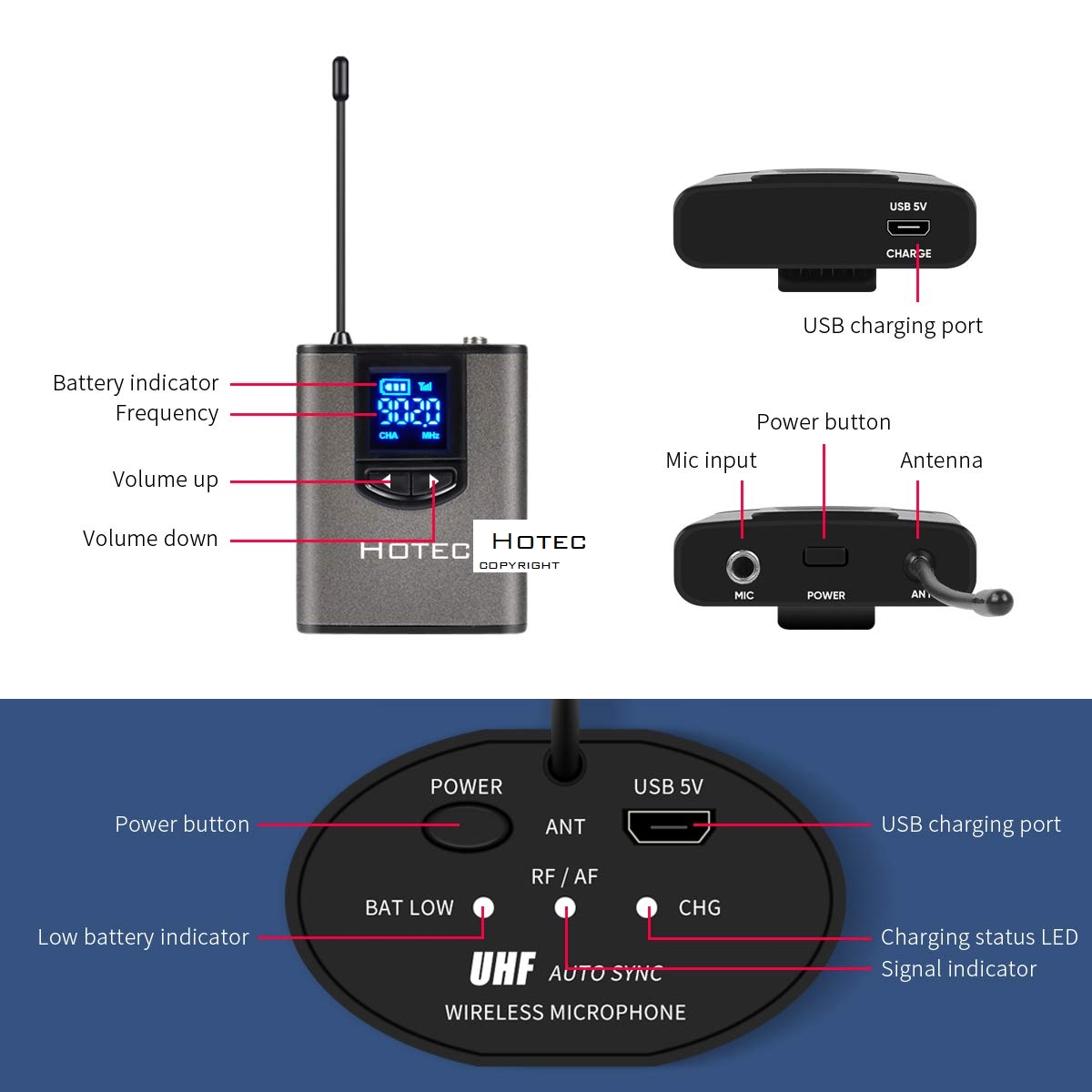 Hotec UHF Wireless Headset Microphone Lavalier Lapel Mic with