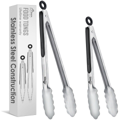 Hotec Stainless Steel Kitchen Tongs, Set of 2-9" and 12", Locking Metal Food Tongs for Cooking, Serving, BBQ, Grill Non-Slip Grip