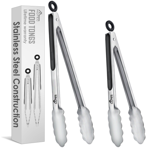 Hotec Stainless Steel Kitchen Tongs, Set of 2-9" and 12", Locking Metal Food Tongs for Cooking, Serving, BBQ, Grill Non-Slip Grip