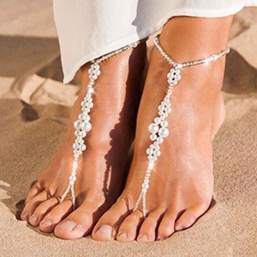 Fashion Pearl Anklets Beaded Ankle Bracelet Sliver Summer Beach Barefoot Sandals Jewelry for Women and Girls(2 PCs)