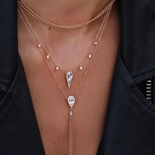 Boho Crystal Layered Necklace Gold Tassle Long Pendant Necklaces Chain Summer Beach Choker Jewerly for Women and Girls