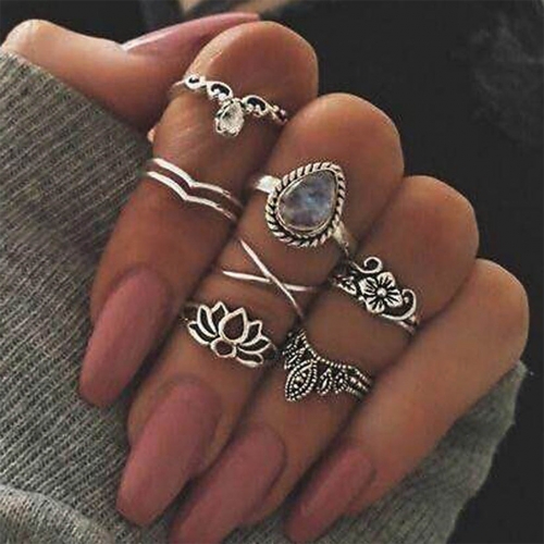 Edary Boho Finger Rings Silver Joint Knuckle Rings Rhinestone Stackable Hand Jewelry for Women and Girls (7PCS)