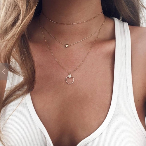 Boho Layering Love and Circle Pendent Necklace Chain Gold Star Choker Necklaces Jewelry for Women and Girls