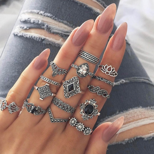 Edary Knuckle Stacking Rings Silver Hollow Carved Knuckle Ring Set Rhinestone Midi Finger Rings Set  for Women and Girls（15PCS）