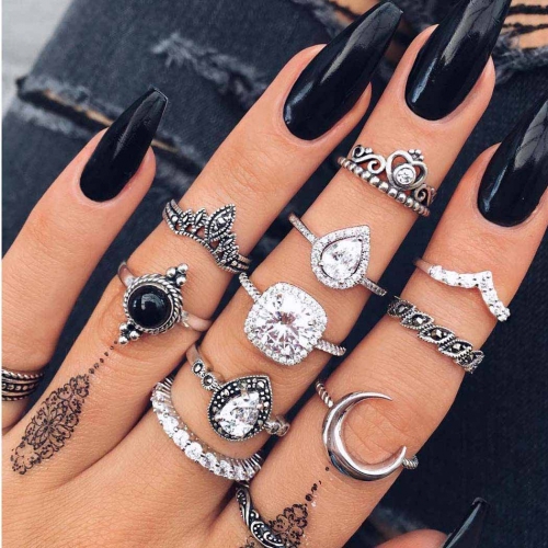 Edary Boho Finger Rings Silver Joint Ring Sets Crystal Hand Accessories for Women and Girls(11PCS)