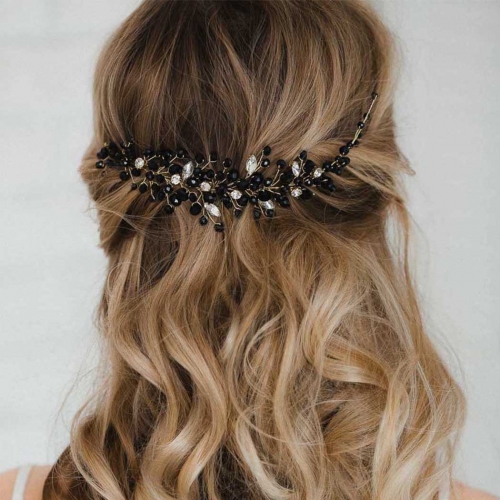 Bride Wedding Crystal Hair Accessories Black Bead Hair Vine Gold Hair Piece Vintage for Women and Girls