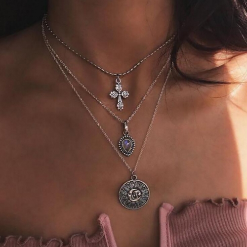 Boho Layered Crystal Necklace Silver Sun Pendant Necklaces Chain Choker Jewelry for Women and Girls