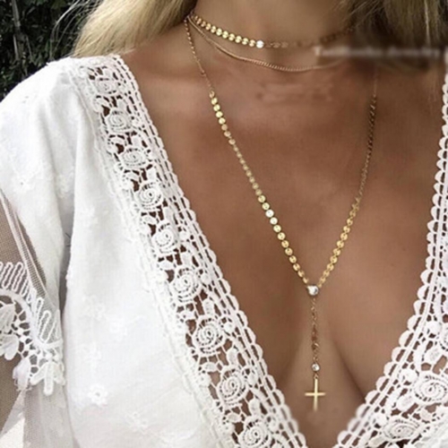 Boho Long Multilayer Necklaces Cross Crystal  Pendant Necklace Chain Sequines Choker Jewerly for Women and Girls