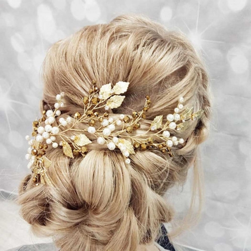 Bride Wedding Pearl Headpiece Gold Leaves Crystal Hair Vine Beads Hair Jewelry Accessories for Women and Girls