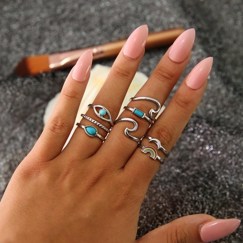 Edary Vintage Rings Set Sliver Joint Knuckle Ring Sets Turquoise Head Love Hand Jewelry for Women and Girls (8 PCS)