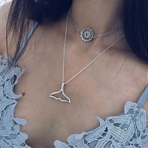 Boho Layered Necklace Silver Beach whale tail Pendant Necklaces Chain Flower Choker Jewerly for Women and Girls