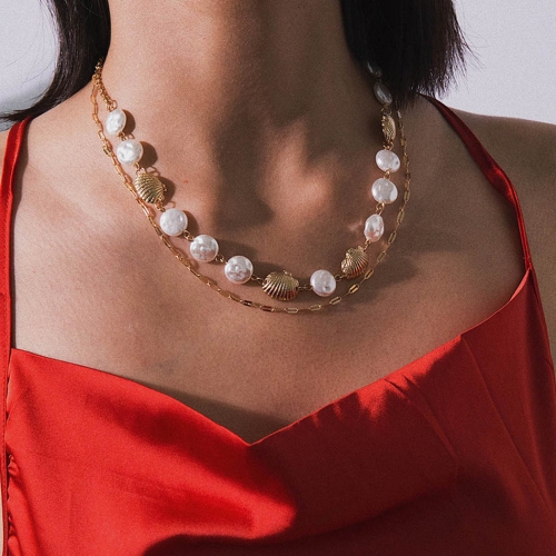 Beach Layered Necklace Chain Gold Pearl Necklace Shell Jewelry  for Women and Girls