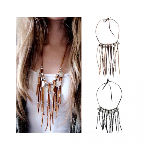 Boho Long Tassel Necklace Coin Pendant Necklaces Strap Velvet Jewelry for Women and Girls