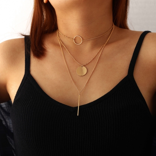 Layered Necklace Gold Sequins Pendant Necklaces Chain Bar Choker Jewelry for Women and Girls