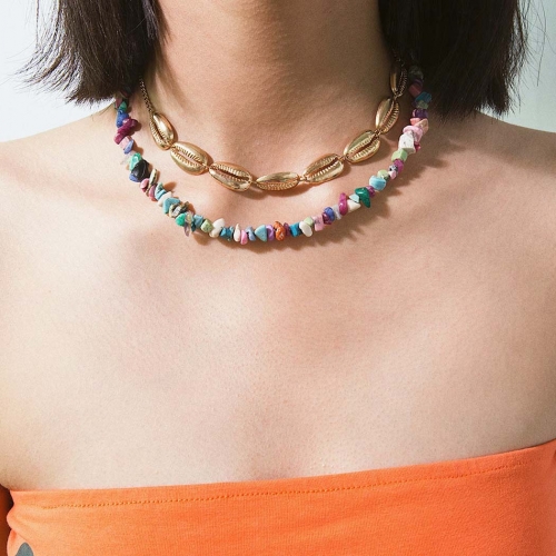 Boho Beach Layered Shell Choker Necklace  Gold Colorful Stone Necklaces Chain Jewelry for Women and Girls