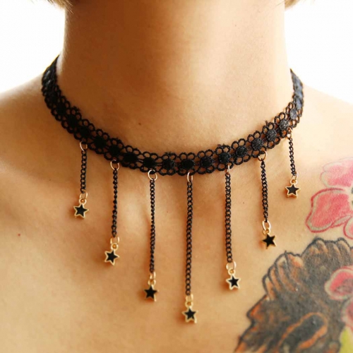 Tassel Lace Necklace Black Star Pendant Necklaces Choker Jewelry for Women and Girls