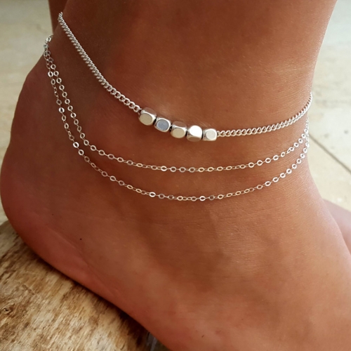 Boho Layered Anklets Chain Silver Square Ankle Bracelets Beach Adjustable Foot Jewelry for Women and Girls