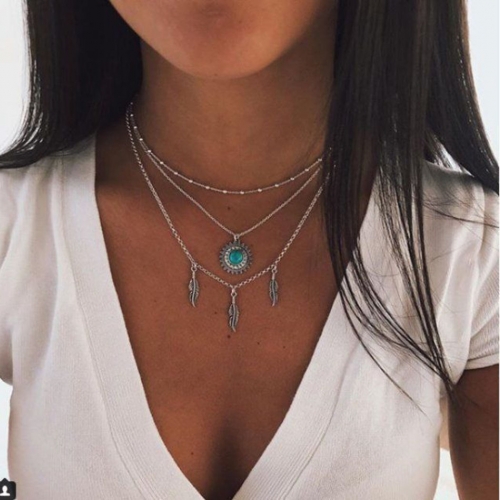 Boho Layered Necklace Silver Turquoise Feather Pendant Necklaces Chain Bead Crystal Jewerly for Women and Girls