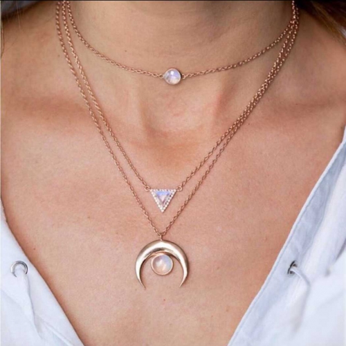 Layered Necklace Gold Crescent Moon Pendant Necklaces Chain Opal Stone Choker Jewelry for Women and Girls