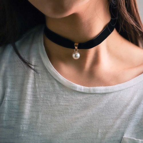 Punk Necklace Black Leather Choker Pearl Pendant Jewelry Accessories for Women and Girls