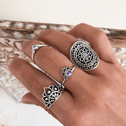 Edary Vintage Rings Silver Joint Finger Ring Set Hollow Carving Hand Jewelry for Women and Girls(4 PCS)