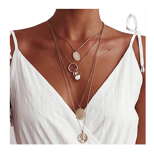 Boho Layering Necklace Chain Gold Pearl Pendant Coin with Jesus Short Necklace Beach Jewelry Accessories for Women and Girls