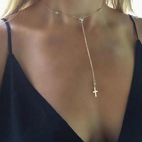 Boho Y Layered Necklaces Gold Cross Beach Pendant Necklace Chain Crystsal Choker Jewerly for Women and Girls