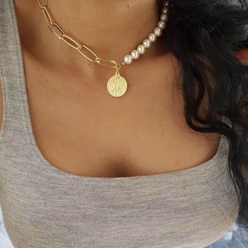 Boho Necklace Chain Gold Pearl Choker Coin Pendant Jewelry Accessories for Women and Girls