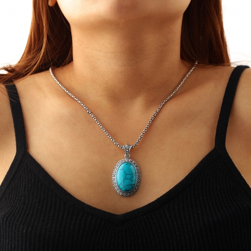 Vintage Turquoise Necklace Earring Bracelets Silver Pendant Necklaces Chain Jewelry for Women and Girls