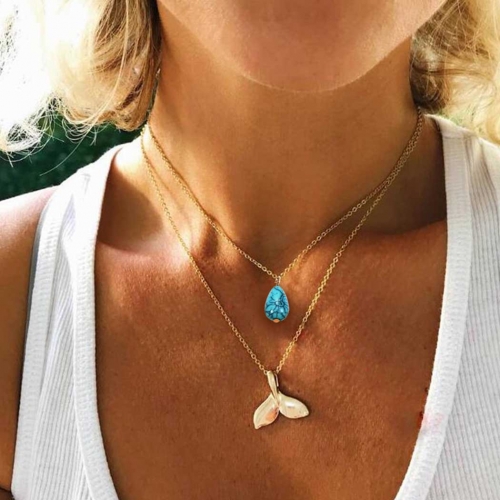 Double Layered Necklace Gold Turquoise Pendant Necklaces Chain Fish Tail Jewelry for Women and Girls