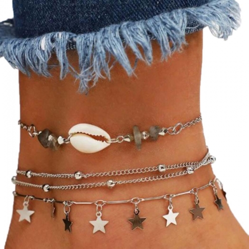 Boho Layered Anklet Bracelet Star Ankle Chain Beaded Shell Anklet Jewelry for Women and Girls