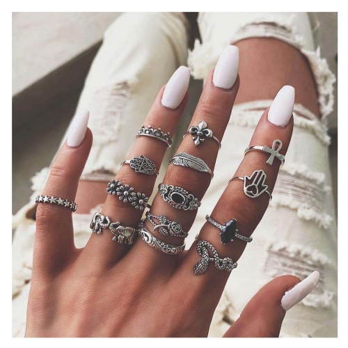 Edary Snake Knuckle Rings Vintage Flower Ring Sets Elephant Crystal Stackable Ring Jewelry for Women and Girls(Pack of 14)