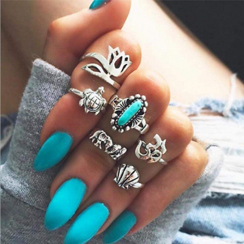 Edary Boho Turquoise Knuckle Rings Vintage Turtle Elephent Joint Knuckle Ring Set for Women and Girls(6Pcs)