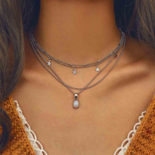 Vintage Layered Necklace Silver Opal Stone  Pendant Necklaces Chain Star Choker Jewelry for Women and Girls