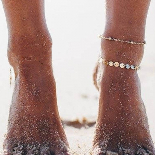 Boho Layered Anklets Chain Silver Sequins Ankle Bracelets Beach Adjustable Foot Jewelry for Women and Girls