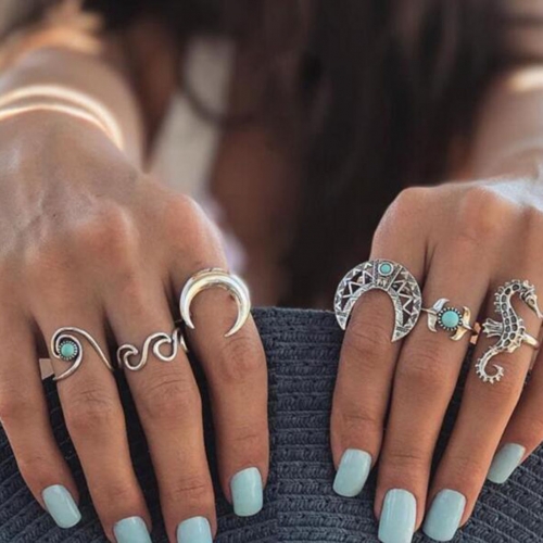 Edary Boho Finger Rings Silver Joint Rings Turquoise Hand Jewelry for Women and Girls(6PCS)