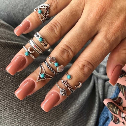 Edary Vintage Rings Sliver Joint Finger Ring Set Turquoise Hand Jewelry for Women and Girls(10 PCS)